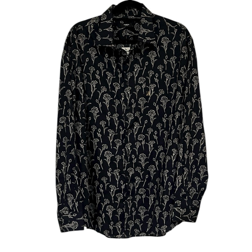 EXPRESS MENS LONG SLEEVE FLORAL PRINT BUTTON DOWN SHIRT BLU WHI SLIM FIT SIZE XL - Picture 4 of 12